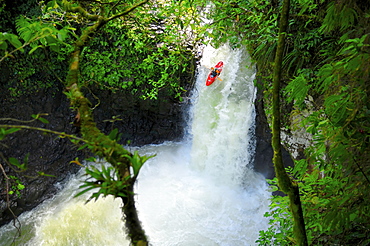 A man kayaks down a waterfall on the Alseseca River in the Veracruz region of Mexico, United States of America