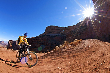 Jeet Grewahl riding the long climb out of Shafer Canyon on the White Rim Trail in Canyonlands National Park, UT, United States of America