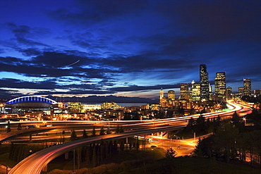 Dusk over the traffic and skyscrapers of downtown Seattle, Washington, United States of America