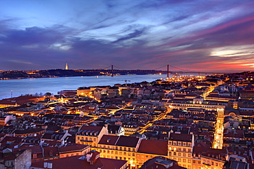 Vista over Lisbon's downtown and two of it's iconic monuments near river Tagus (bridge 25th of April and Holy Christ), Lisbon, Portugal, 2009, Portugal