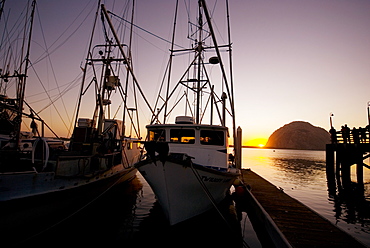 Sept 22 to 26, 2008 Commercial fishing docks of Morro Bay California. Harbor in Morro Bay overlooking the signature Morro Bay "rock", United States of America