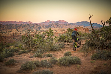 Man mountain biking on a trail in a desert environment at sunset.