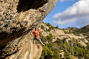 Professional climber Gabriele Moroni during an attempt to Demencia Senil, 9a+. Margalef, Spain.