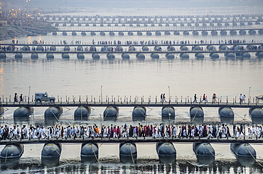 Pontoon bridges across the Ganges during Kumbh Mela, Allahabad, Uttar Pradesh, India.