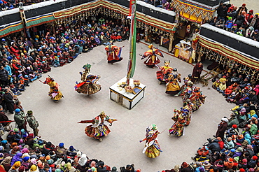 Buddist ritual dance during Spitok Gustor ceremony in Spitok Monastery, Ladakh, India.