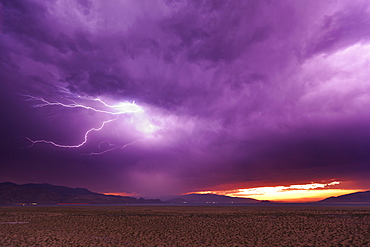 Lightning storm at dusk over Pyramid Lake, Nevada