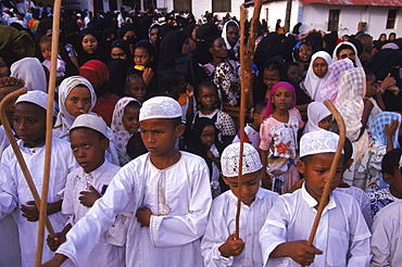 Swahili boys performing the stick dance at a celebration of Maulidi, the birthday of the porphet Mohammed. Lamu Island, Kenya