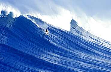 man surfing a huge wave off the coast of Oahu, Hawaii