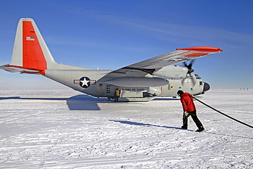 A plane refuels in the remote Western Antarctic.