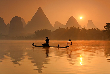 Chinese fisherman fishing in Li Jang River with cormorant birds, Guilin