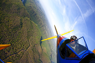 Wing-mounted remote camera view of 1941 Stearman biplane near Fayetteville, WV