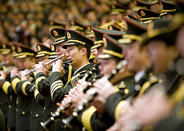 Chinese military band plays the national anthem in the Great Hall of the People, Beijing, China.