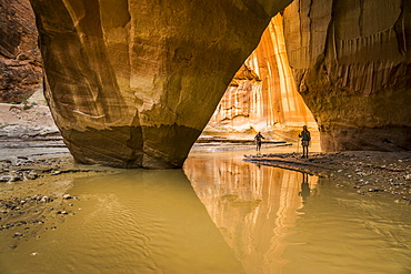 Two people hiking in a canyon with water and rock formations.