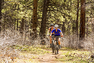 Two women mountain biking on the Boggy Draw Trail near Dolores, Colorado.