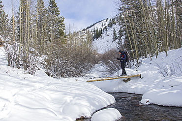 Crossing a small bridge over a frozen creek, Mt. Evans Wilderness, Colorado, United States of America