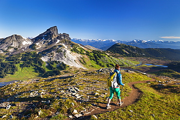 A young woman backpacking on the Panorama Ridge Trail with Black Tusk Mountain in the background in Garibaldi Provincial Park, British Columbia, Canada.