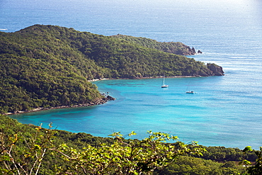 A stunning view overlooking sailing yachts anchored in Great Lameshur Bay, from Bordeaux Mountain trail, St. John, US Virigin Islands.