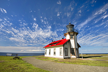 Looking out over the the Point Cabrillo Lighthouse and Pacific Ocean on a beautiful morning near the town of Mendocino, California.