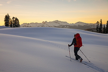 Skier Hiking Through The Fresh Snow In Garibaldi Provincial Park, Canada