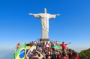 A crowd of people at Christ the Redeemer statue on Corcovado mountain