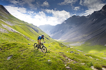 A Mountain Biker Riding Downhill In An Alpine Meadow Landscape