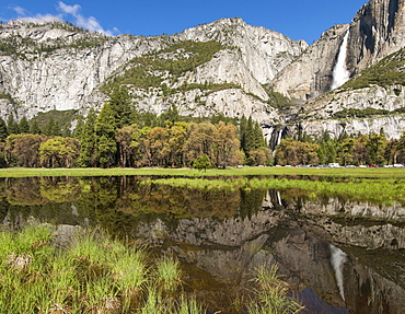 Yosemite Falls Reflected In Water In Cooks Meadow
