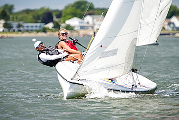 Two Juniors Sailor Sailing Sail Boat In Narragansett Bay For Junior Sailing Program