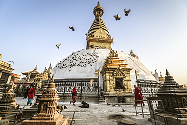 Pilgrims And Pigeons At Swayambhunath On A Crisp Fall Morning