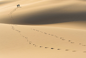 A young couple hiking through sand dunes at sunset