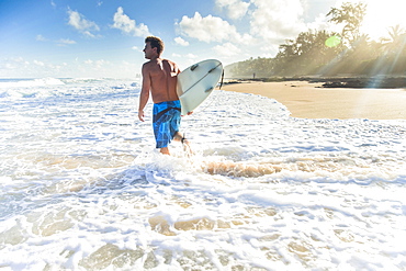 Pancho Sullivan With His Surfboard Walking On The Beach At Rocky Point On The North Shore Of Oahu, Hawaii