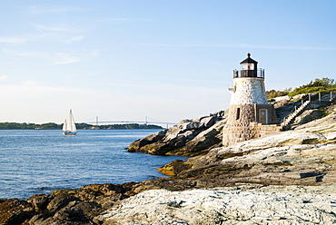 Castle Hill Lighthouse on the rock guarding Newport Harbor