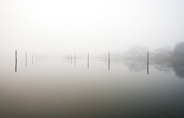 A foggy morning in a quiet wintery Wickford Harbor