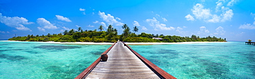 Tropical island with palm trees seen from footbridge