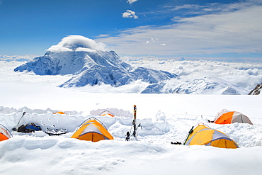 A Camping On The Kahiltna Glacier Of Denali In Alaska