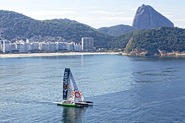 Thomas Coville and the Ultime Class 100' VPLP designed trimaran Sodebo in Rio de Janeiro, Brazil. Thomas Coville (FRA) and his 31m maxi trimaran Sodebo Ultim? has successfully broken the solo round the world record, completing the 28400 nm route in 49 days 3 hours 7 minutes and 38 seconds.