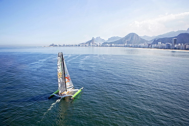 Thomas Coville and the Ultime Class 100' VPLP designed trimaran Sodebo in Rio de Janeiro, Brazil. Thomas Coville (FRA) and his 31m maxi trimaran Sodebo Ultim? has successfully broken the solo round the world record, completing the 28400 nm route in 49 days 3 hours 7 minutes and 38 seconds.