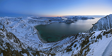 Panoramic winter view over Haukland beach from Mannen, Vestvågøy, Lofoten Islands, Norway