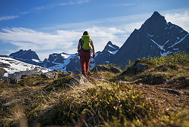 Female hiker hiking trail towards Flakstadtind mountain peak, Flakstadøy, Lofoten Islands, Norway