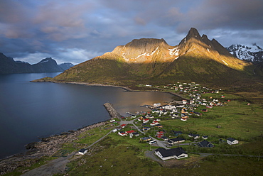 Summer light over mountains above village of Mefjordvær, Senja, Norway