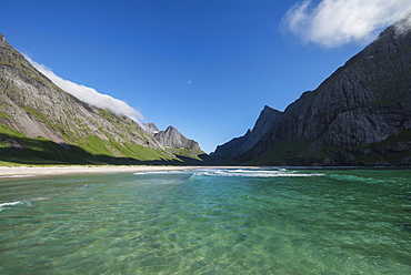 Azure colored arctic water of Horseid beach, Moskenesøy, Lofoten Islands, Norway