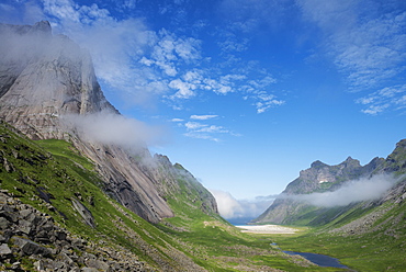 Summer view towards Horseid beach, Moskenesøy, Lofoten Islands, Norway