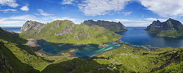 Panoramic view of Bunesfjord and Reinefjord, near Vindstad, Moskenesøy, Lofoten Islands, Norway