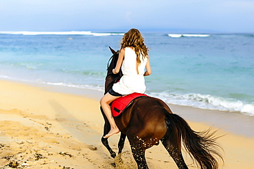 Young woman riding horse on beach