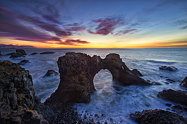 Arnarstapi sea arch December sunrise, Snæfellsnes Peninsula, Iceland