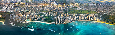 A view of Waikiki in Honolulu, from high up in a passenger plane.