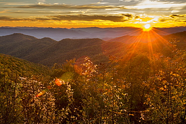 Sunset over the Great Smoky Mountains from Blue Ridge Parkway Overlook, Cherokee, North Carolina.