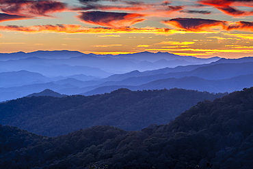 Sunset over the Great Smoky Mountains from Blue Ridge Parkway Overlook, Cherokee, North Carolina.