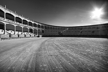 Black and White Image of a Bull Fighting Ring in Ronda, Spain