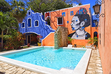 Hotel with mural and swimming pool, Playa del Carmen, Mayan Riviera, Yucatan Peninsula, Quintana Roo, Mexico