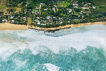 Aerial view of rocky point under surf called Condition Black, Oahu, Hawaii, USA